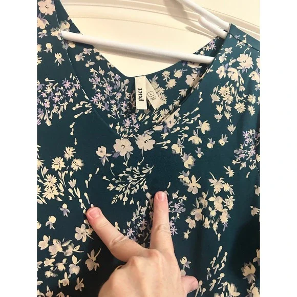 Pact Womens Organic Cotton Floral Fit and Flare Dress Teal 3/4 Sleeve Large - Picture 4 of 6